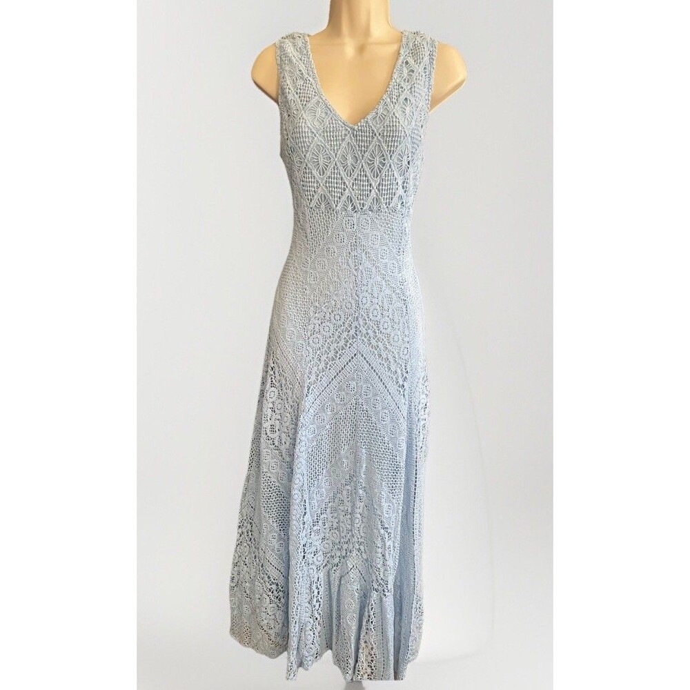 Blue Crochet Knit Dress Boho Maxi XS Indigo Thread